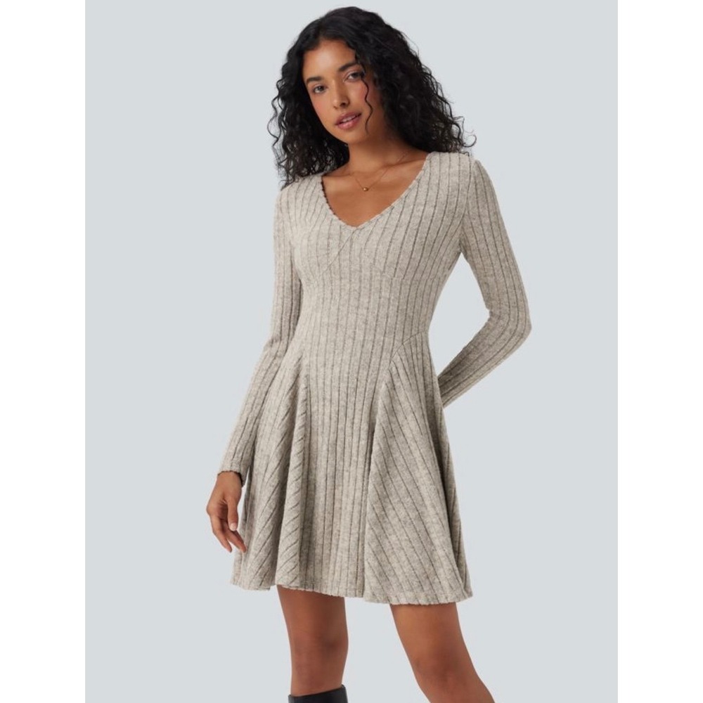 Halara Ribbed Long Sleeve V-Neck Fit and Flare Mini Dress Oatmeal Heather S